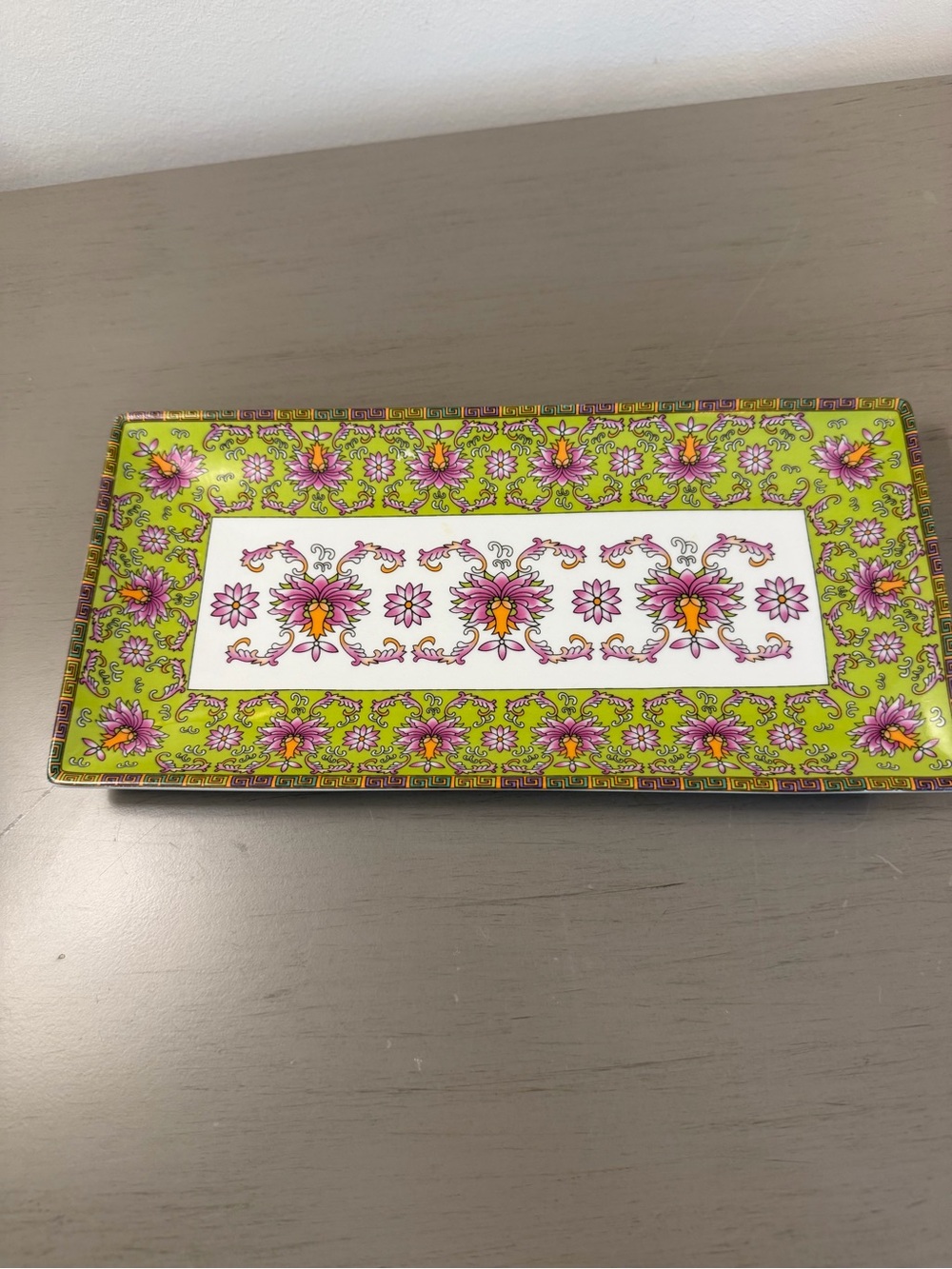 World Market Ceramic Rectangle Tray Green Pink Chinoiserie Look Jewelry Trinket